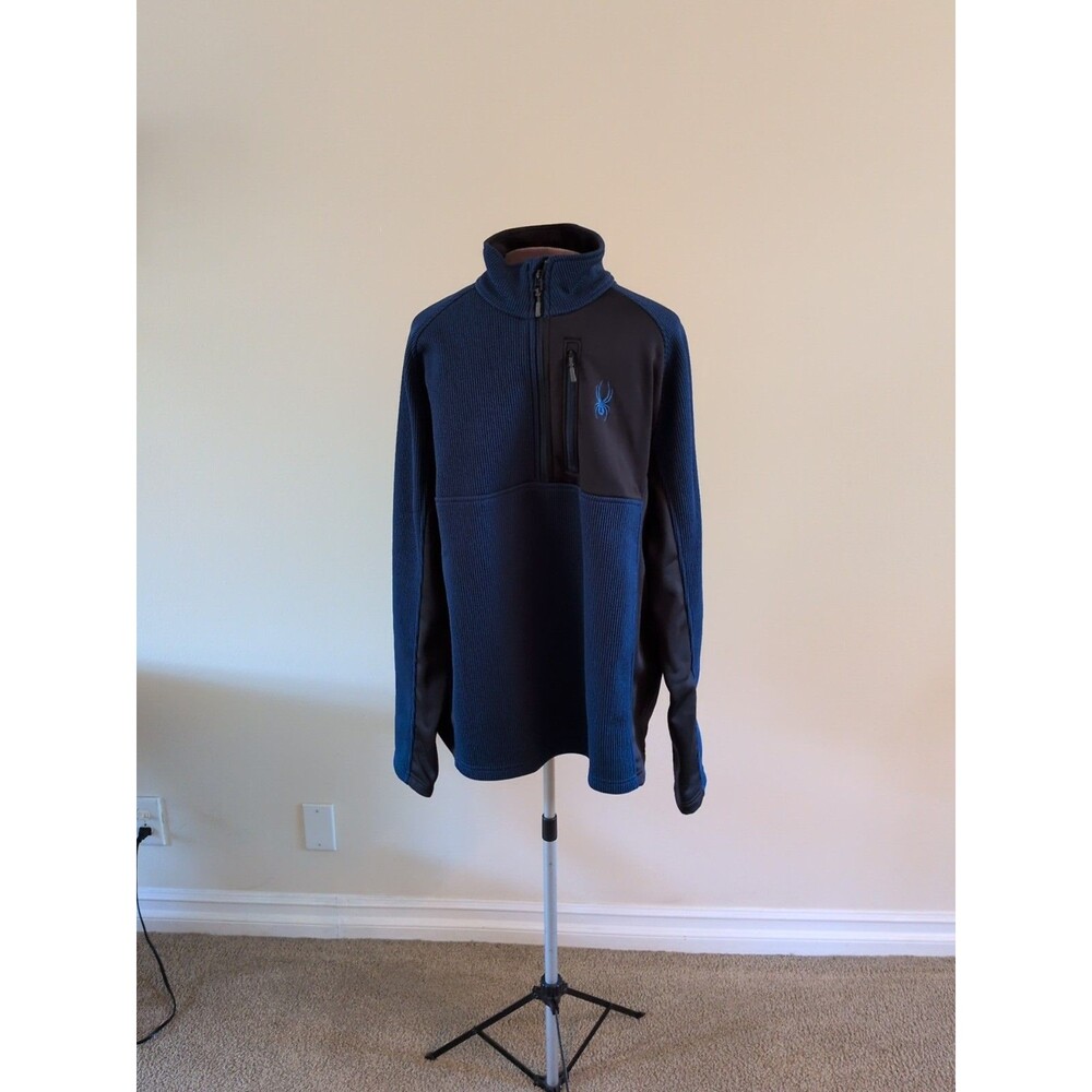 Mens Spyder 1/4 Zip Jacket Pocket Blue Black Fleece Lined Logo Waffle Ski Nwot